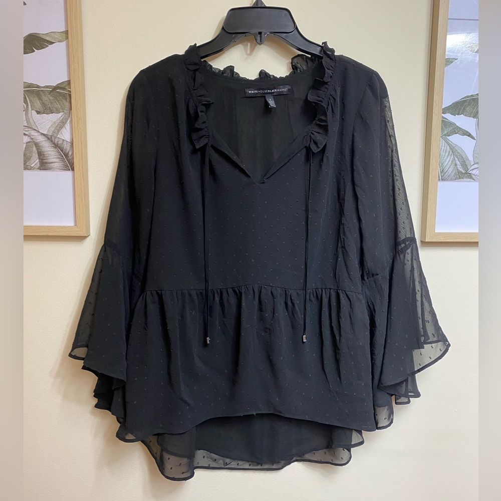 White House Black Market Audrey Dot Blouse Bell Sleeve Ruffle Polka Dot Size 4